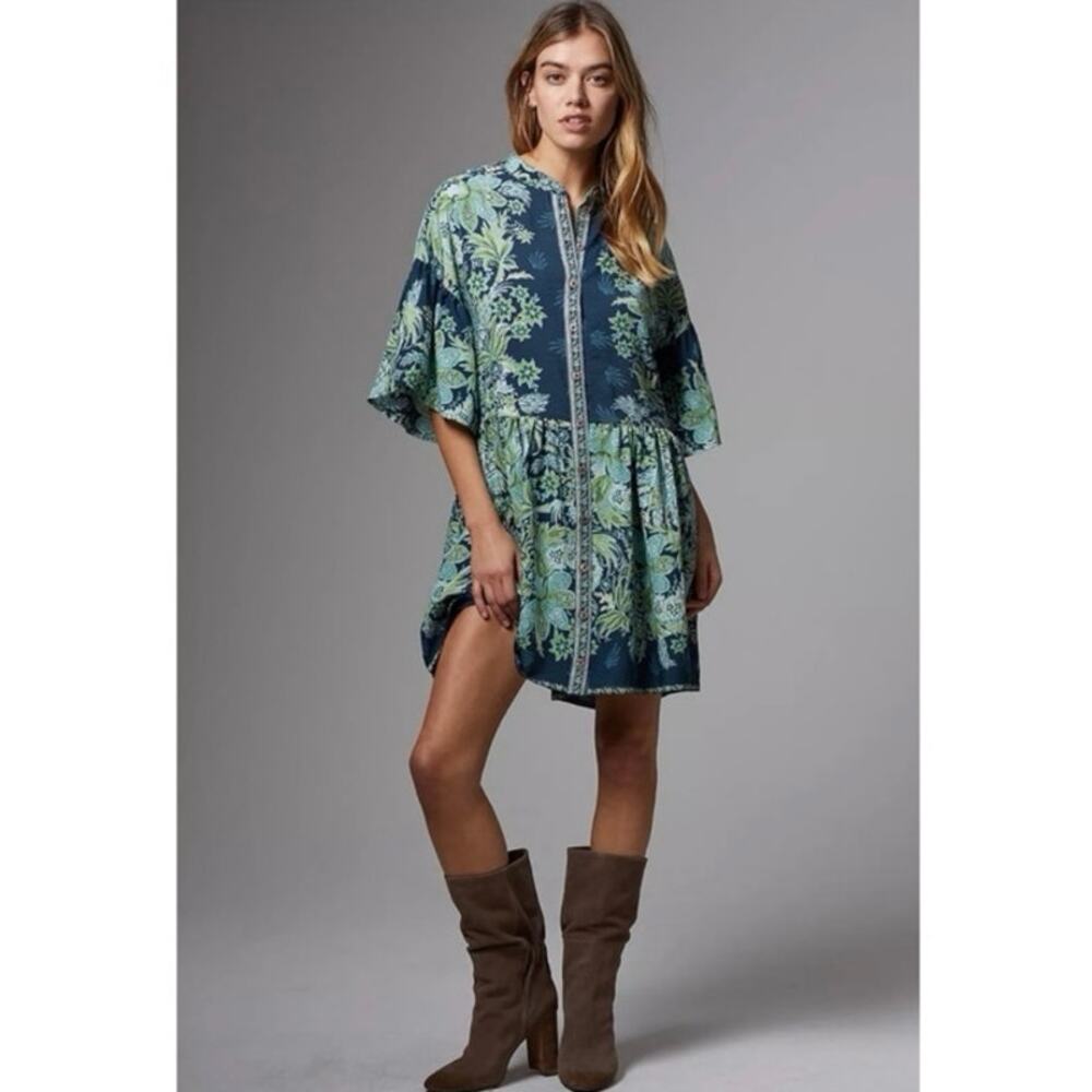 Anthropologie NWT Blue and Green Button Up Janelle Tunic Oversized Dress Small